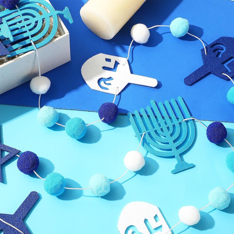 Jansun 4 Pack Hanukkah Garlands 32.8 Feet Felt Menorah Star of David Dreidel Blue White Pom Pom Garland Ornaments for Chanukkah Fireplace Wall Home Outdoor Party Hanging Decor Supplies - Image 4